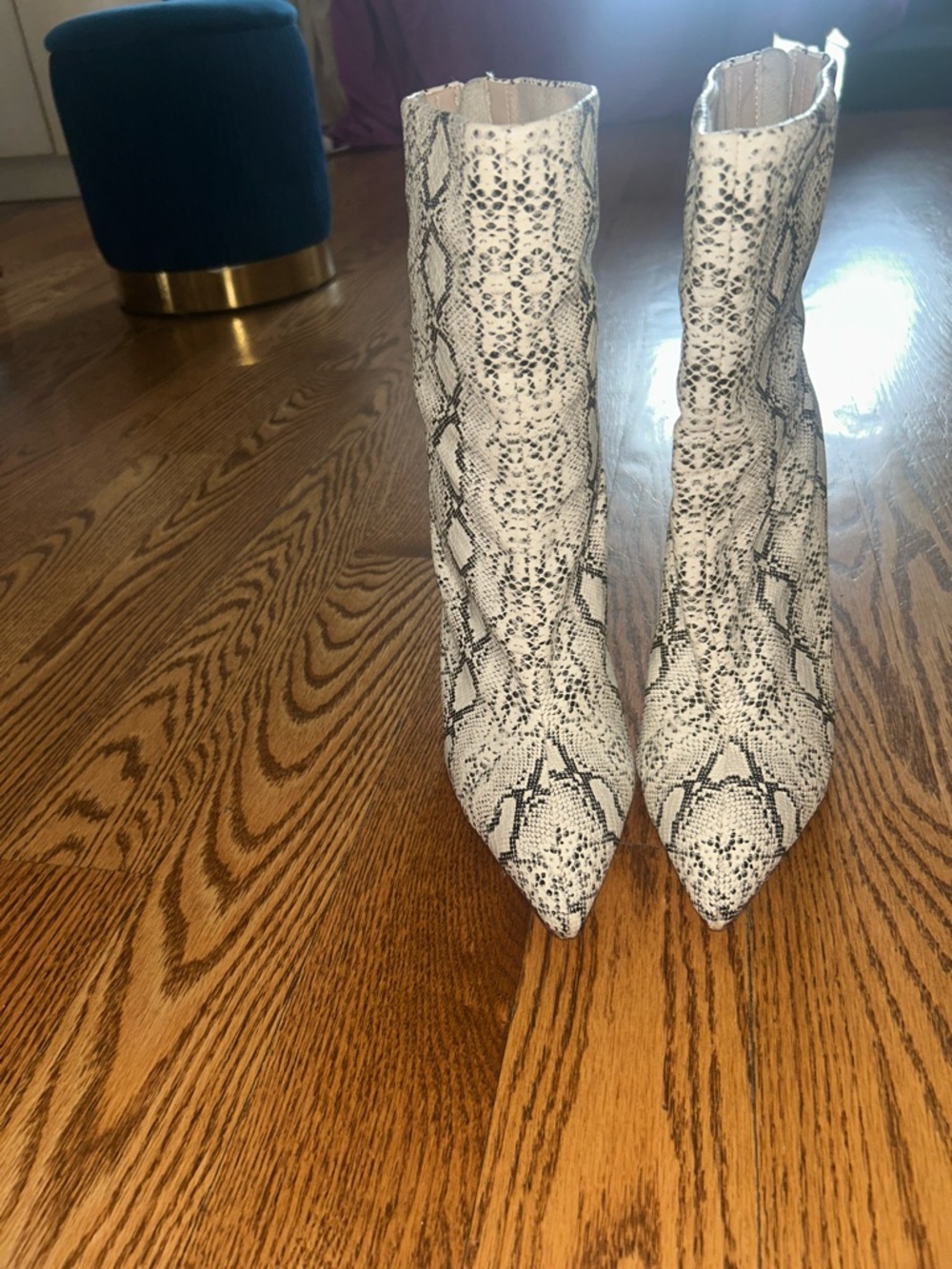 RAYE White and Black Snake-Print Pointed Toe Heeled Boots